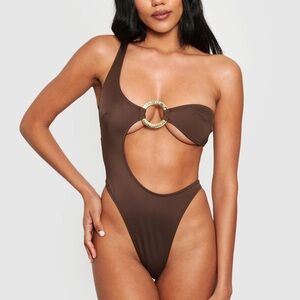 Adoraswim one piece swimsuit brown o ring gold cutout cheeky high leg
